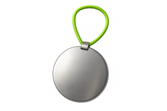 Blank round metal keychain tag with a green loop, ideal for branding, customization, and identification