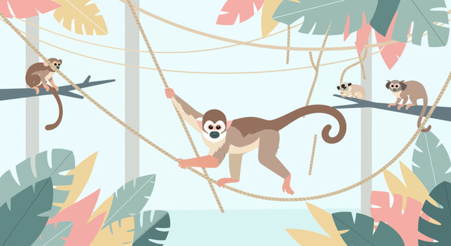 Playful Squirrel Monkeys In Tropical Forest Cartoon Illustration