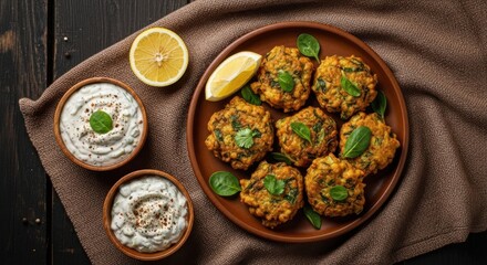 Plate of indian pakora fritters served with two bowls of raita dip, garnished with mint leaves and lemon wedges, on a rustic wooden table