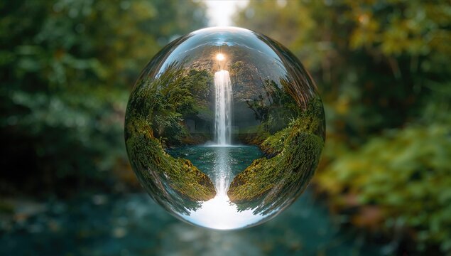 A crystal glass sphere showcases a waterfall scene, providing a reflective backdrop for nature-themed design. - Powered by Adobe
