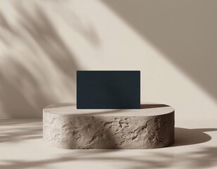Minimalist design display dark blank card mockup on rustic stone podium with natural leaf shadows. Ideal for elegant branding presentations and modern product showcases