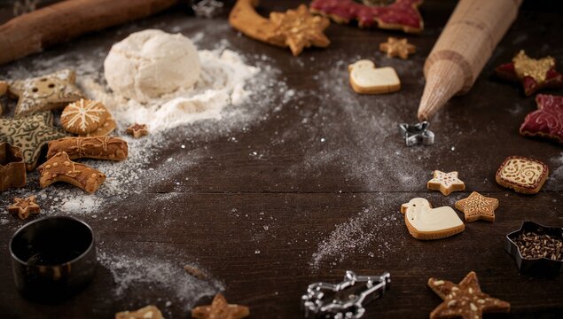Baking holiday cookies with various cookie cutters, festive spirit
