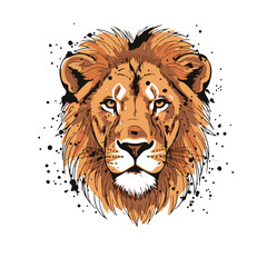 Sketch of lion face with black splash or splatters. Illustration of a lion s head in a stylized, artistic format. The lion s features are bold, with detailed facial lines and a prominent mane in shade