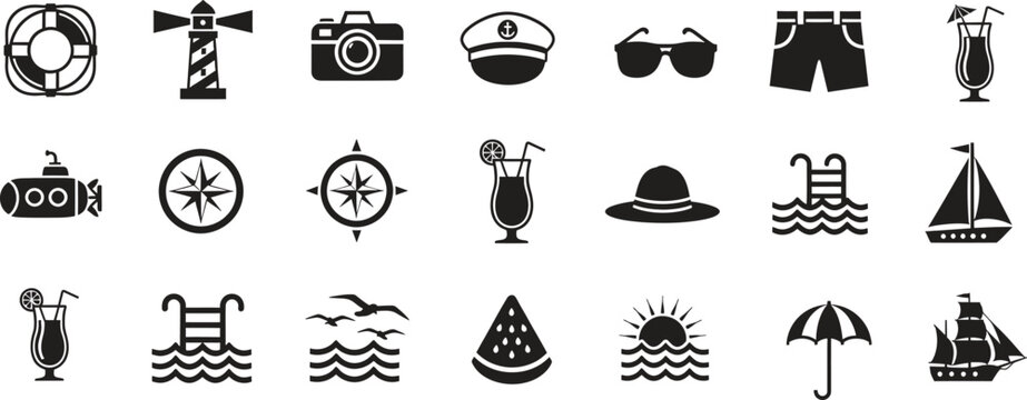 Summer themed vacation icons seamless pattern background design template vector