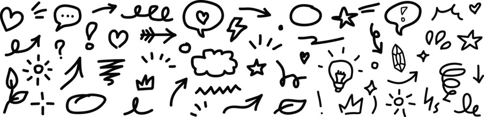 Line marker hand drawn brush arrow element set. Sketch pencil stroke vector graphic pen underline scribble icon. Hand drawn line heart, crown, star symbol highlight marker shape. Vector illustration