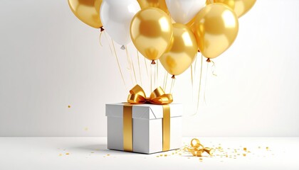 Elegant White Gift Box Tied With A Golden Ribbon And Bow Underneath A Cluster Of Gold And White Balloons Releasing Confetti On A White Background With Soft Studio Lighting