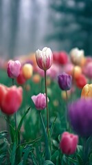 Fototapeta premium Colorful Tulip Garden White and Red Tulip Surrounded by Flowers