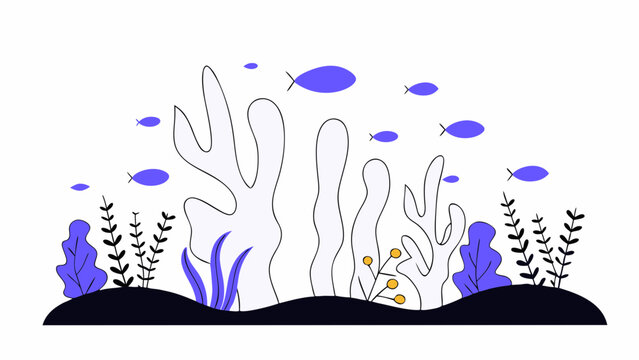 Stylized underwater scene with coral, plants, and small blue fish swimming around in a simple design