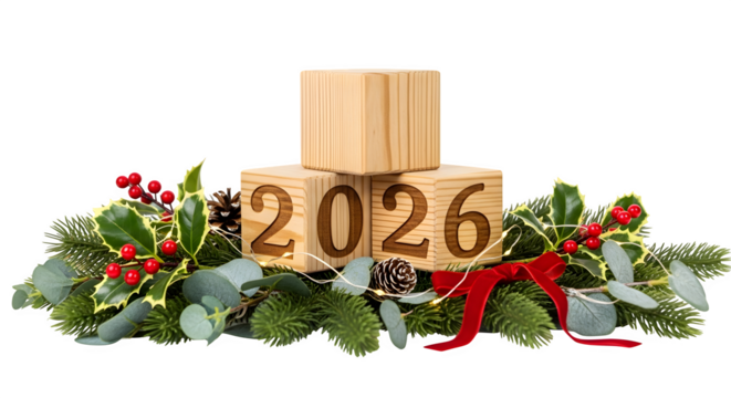 Festive 2026 new year decoration with wooden blocks, holly, berries, pine cones, and a red ribbon  isolated on transparent background