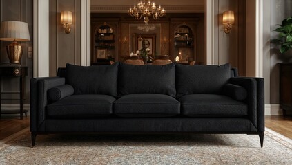 Naklejka premium Stylish living room featuring a dark sofa, ideal for relaxation and comfort