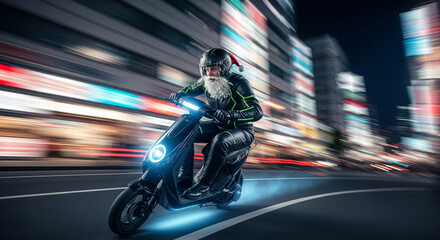 Fototapeta premium Image of person with white beard wearing Santa hat and helmet, riding black scooter, buildings background, representing festive season delivery