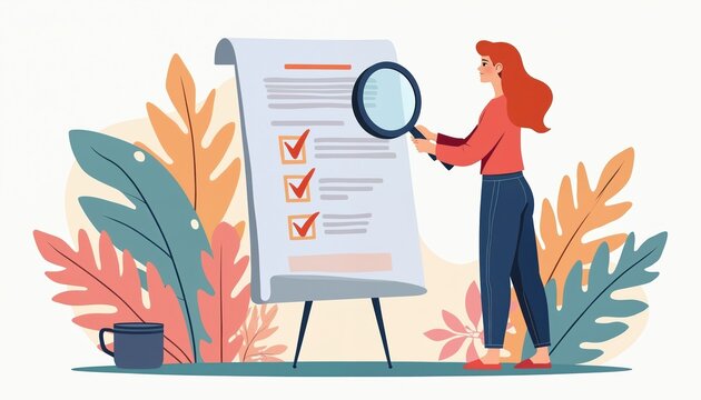 Woman examines paper document with magnifying glass. Checklist ticks verify tasks complete. Creative concept for research analysis and business workflow.