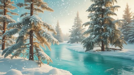  Snow-laden evergreen trees with frosty branches and delicate snowflakes clinging to their needles stand tall by the edge of icy crystal clear turquoise waters, soft and serene white flakes falling ge