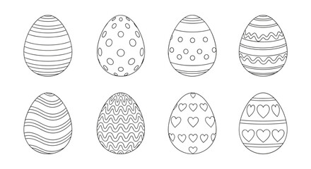 A collection of black and white line art Easter eggs featuring a variety of patterns for coloring or decoration.