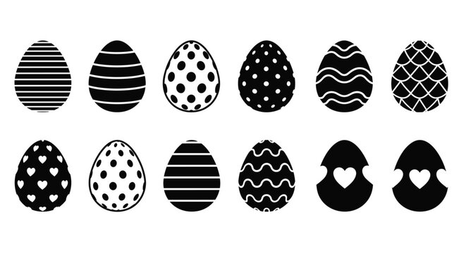 A collection of twelve stylized black and white Easter eggs featuring various patterns like stripes, polka dots, hearts, and waves for holiday designs.