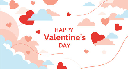 Happy Valentine's Day greeting card illustration with playful hearts and clouds floating in the sky.