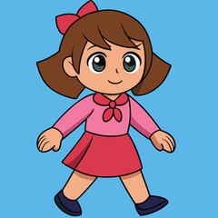 Cartoon Girl Walking Cute Child Illustration Red Bow Hairstyle Kid Design