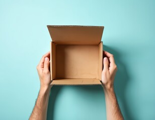 Person holds open cardboard box. Hands display brown package. Brown carton on blue backdrop. Packaging concept. Delivery service order. Empty space ready for product placement.