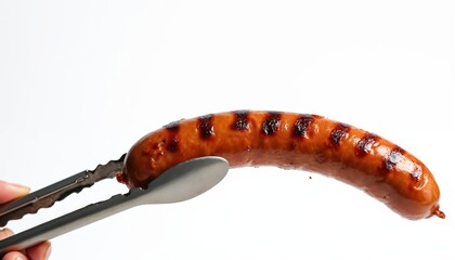 Hand uses metal tongs to hold cooked sausage. Sausage shows distinct dark grill marks, indicating it was BBQ. It appears tasty, juicy, and ready to eat. This food is good for summer outdoor cooking.