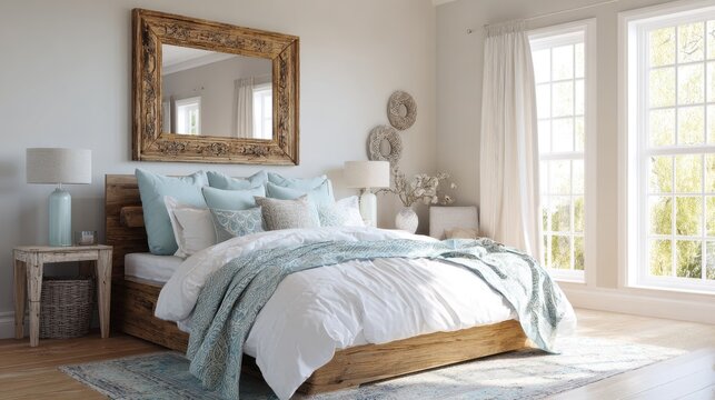 organic vintage french eclectic bedroom full view, white bedding, sky blue accents, wooden frame mirror, airy daylight, cozy vibe