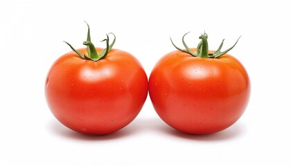 Two whole tomatoes placed on a white backdrop, healthy ingredient choice