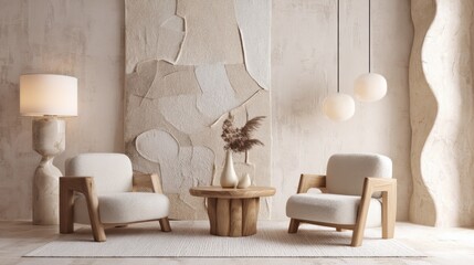 rustic japandi maximalist living room full view, custom organic wood armchairs, oversized textile on wall, creamy textured plaster, pale stone floor