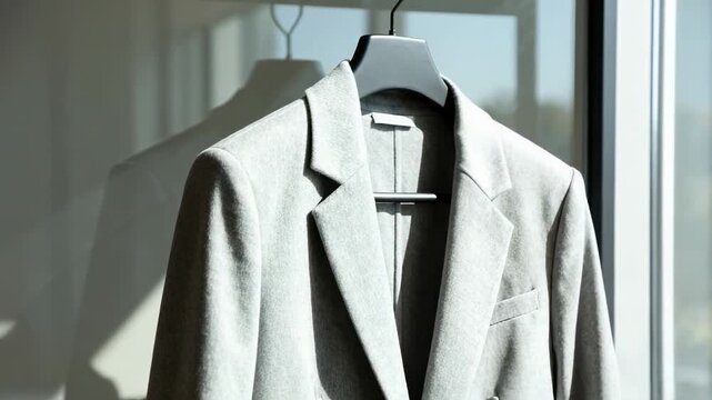 Person's hand touching a grey blazer on a hanger. Choosing a stylish outfit and feeling the quality fabric. Fashion and wardrobe concept in a vertical video