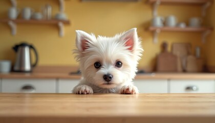 Fluffy white maltese puppy peers over kitchen table. Small dog with big eyes looks curious. Adorable pet waits patiently for food. Cute animal at home interior.