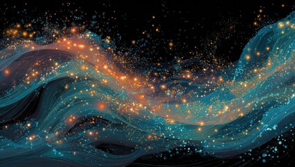 Abstract composition of flowing teal and orange forms with sparkling points on a black ground