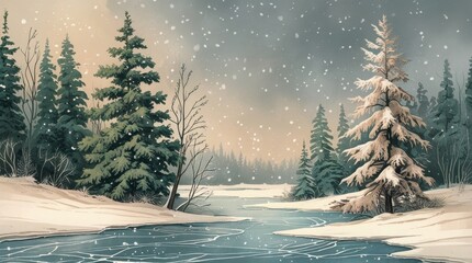  Snowy trees with dense evergreen foliage and frosty branches surround a frozen lake with intricate ice patterns and subtle snow-covered ridges, as delicate flakes fall gently from a soft gray sky,