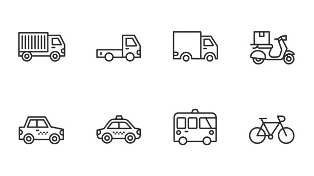 Delivery vehicles in simple line style - transport options for commercial use, including truck, van, car, taxi, scooter and bicycle for express delivery