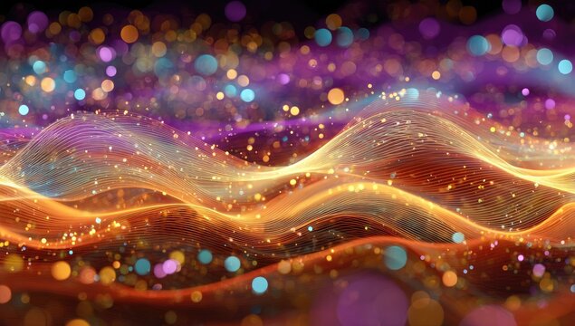 Abstract, vibrant waves of orange and purple light, with bokeh and depth of field - Powered by Adobe