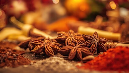 Spices, anise stars in soft focus, enhancing culinary flavor profiles