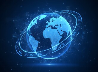Digital blue earth with glowing network lines and orbits on dark background, concept for global communications, data analytics and international business solutions
