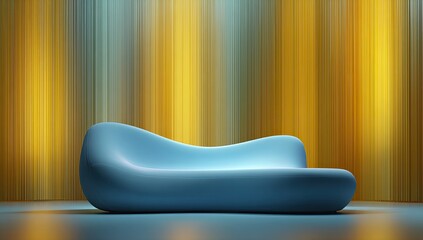 Modern blue sofa against a colorful vertical striped backdrop. Minimalist furniture