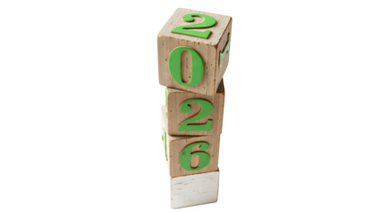 Wooden blocks stacked to display the year 2026, , representing future dates and calendar milestones  isolated on transparent background