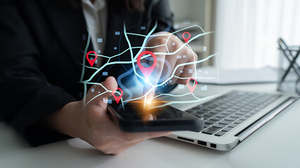 Concept of location tracking and GPS navigation. Map with pins marking a destination and points of interest for travel, delivery routes, or finding a specific address. Fermion