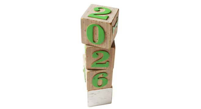 Wooden blocks stacked to display the year 2026, , representing future dates and calendar milestones  isolated on transparent background