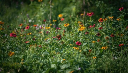 Vegetable garden in bloom, showcasing vibrant flowers and lush greenery, beneficial for biodiversity