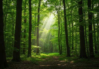 Fototapeta premium Lush, green temperate woodland environment with sunlight filtering through a dense tree canopy. Ideal natural background for design elements or text, woodland, backdrop, shadow
