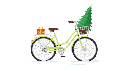 Fototapeta premium Side view of a charming green vintage bicycle with a Christmas tree in the front basket and a gift on the back rack, parked in the snow.