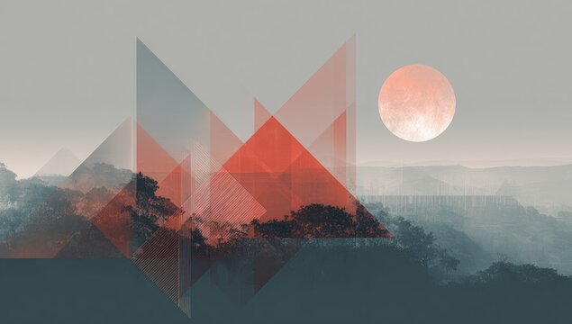 Abstract landscape with overlapping triangles, a foggy forest, and a glowing red sphere