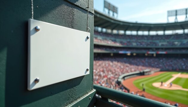 Blank white sign hangs on green wall at sunny baseball stadium, blurred crowd watches game. Empty space for sports marketing message. Copy area for ads.