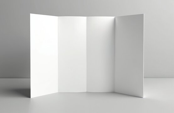 Four panel folded brochure template. White mockup for presentation or design. Isolated paper brochure for mock up. Empty advertising leaflet. Flyer, catalog layout for branding.