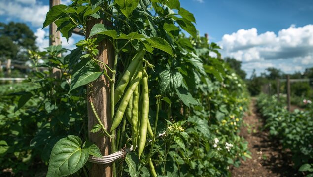 Runner Beans thriving on the vine in a vegetable garden, beneficial protein-rich choice