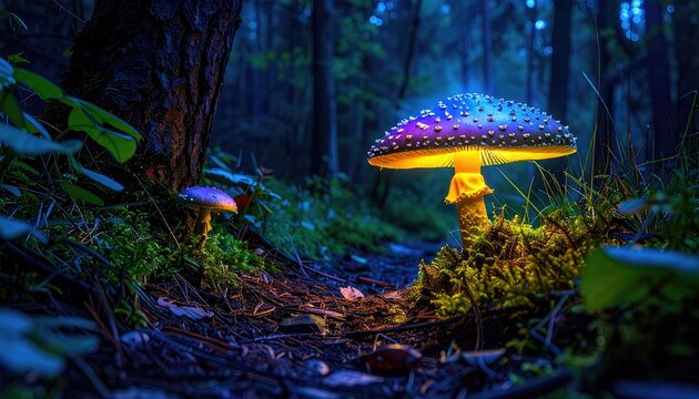 Enchanting Forest Path Illuminated By Glowing Mushrooms With Bioluminescent Sparkles In The Dark At Night