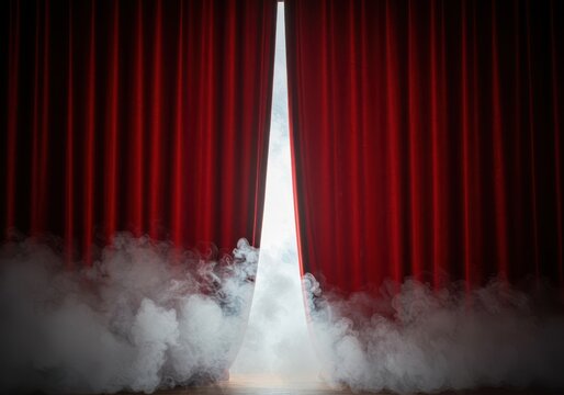 Thick white smoke billowing from behind a closed, heavy red velvet theatrical curtain, creating a mysterious and dramatic backdrop ,mysterious, presentation, deep