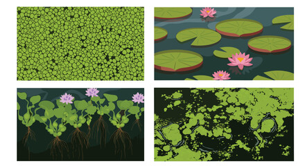 Set of four pixel art illustrations showing different aquatic plants including duckweed, water lilies with pink flowers, and floating algae.