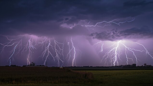 Multiple lightning strikes illuminating a rural landscape during a thunderstorm, showcasing natural power - Powered by Adobe