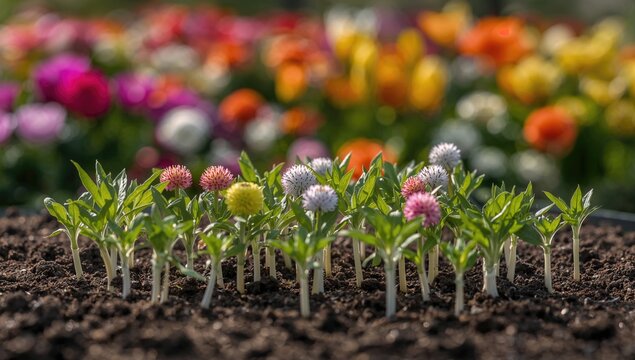 Seedlings of flowers, showcasing growth potential, seasonal change
